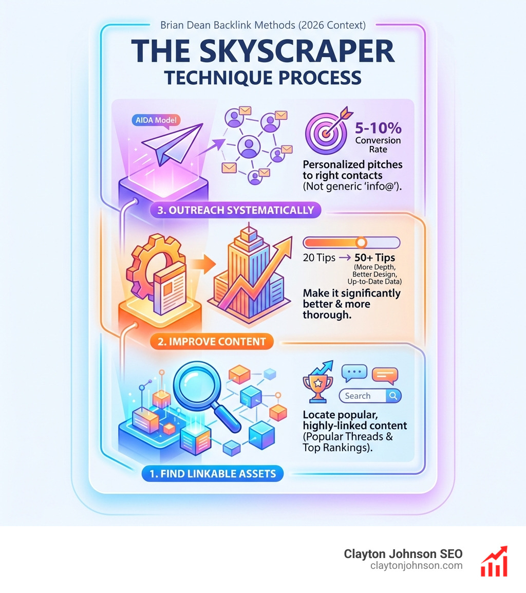 The Skyscraper Technique process: Find, Improve, Outreach - Brian Dean backlink methods infographic 