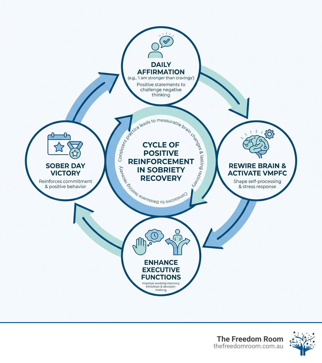 A diagram showing the cycle of positive reinforcement, emphasizing how affirmations for sobriety help rewire the brain.