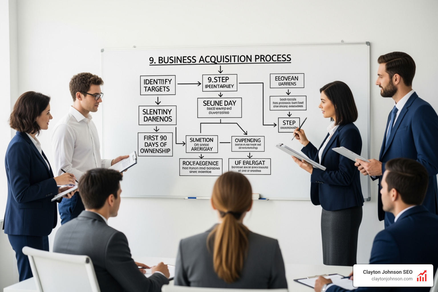 A visual representation of the 9-step business acquisition process from identifying targets to the first 90 days of A visual representation of the 9-step business acquisition process from identifying targets to the first 90 days of