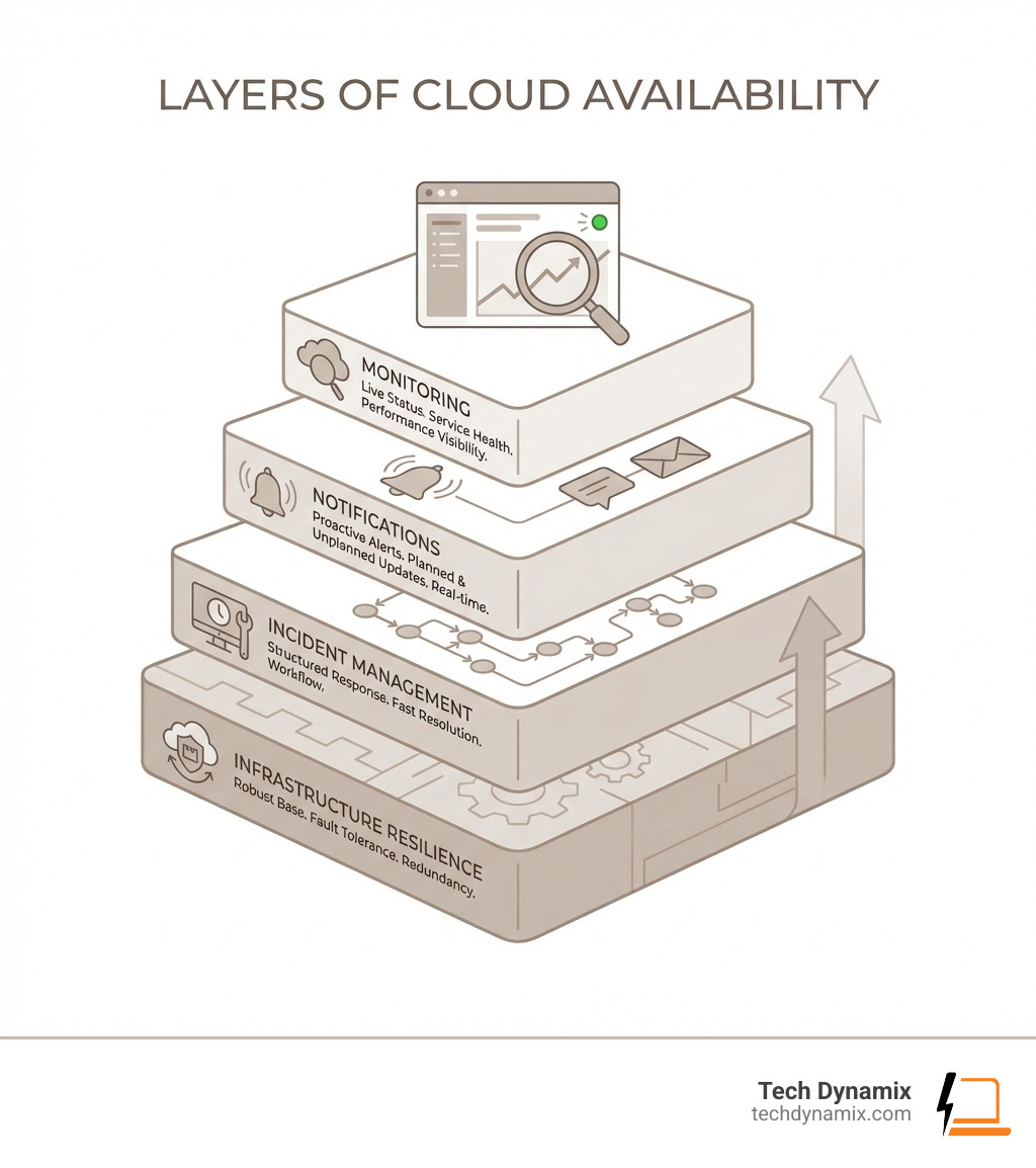 Infographic showing layers of cloud availability: monitoring, notifications, incident management, infrastructure resilience