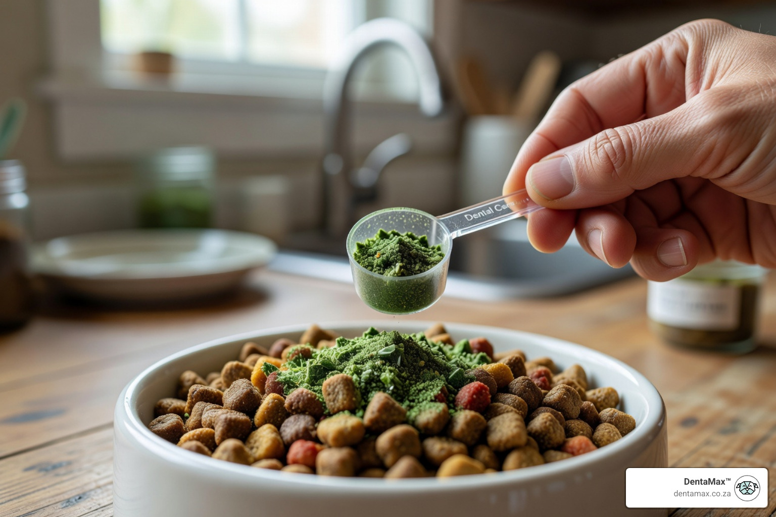 scooping dental powder onto a bowl of dog food - does dental powder work for dogs