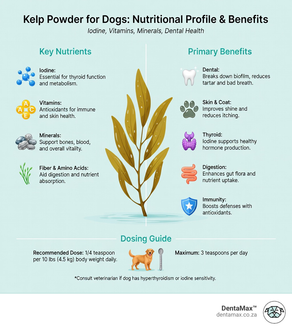 Nutritional profile of kelp powder for dogs: iodine, vitamins, minerals and dental benefits infographic - best kelp powder
