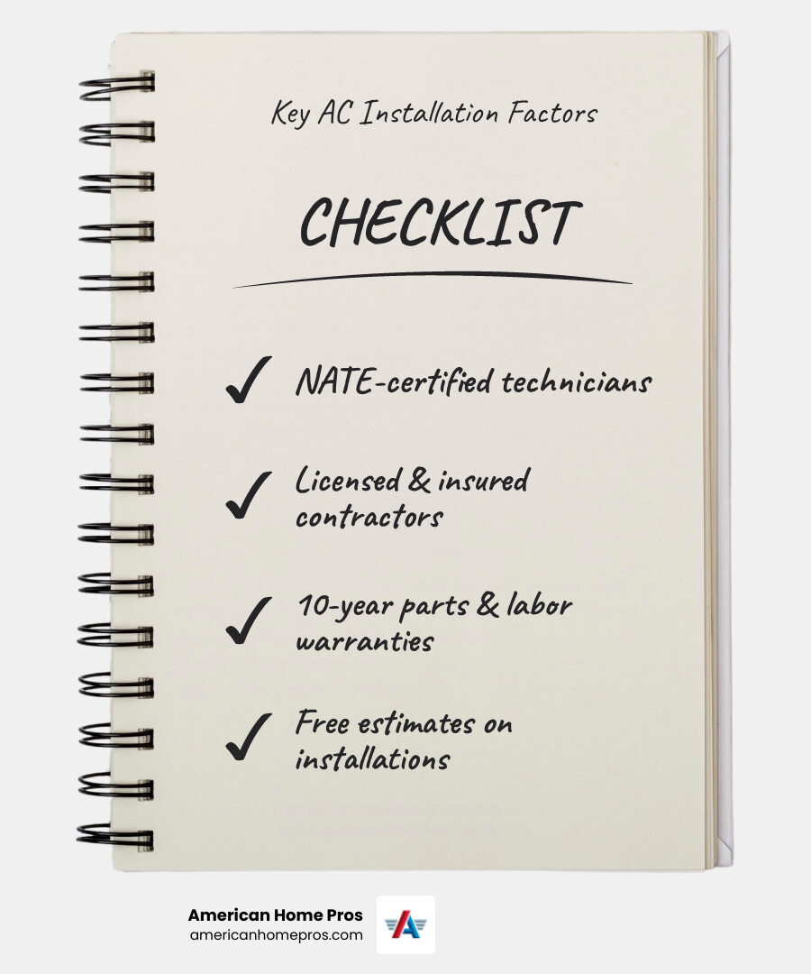 Infographic showing key factors for choosing the best AC installation in Bartlesville OK including certifications warranties