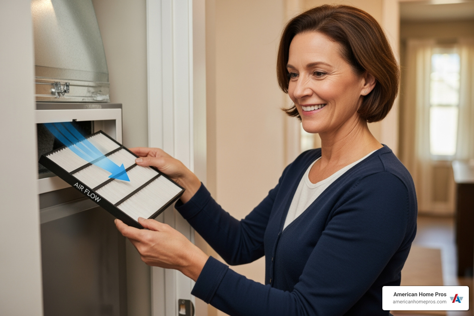 Homeowner in Bixby OK sliding a new pleated air filter into their HVAC return vent - ac filter replacement best in bixby, ok