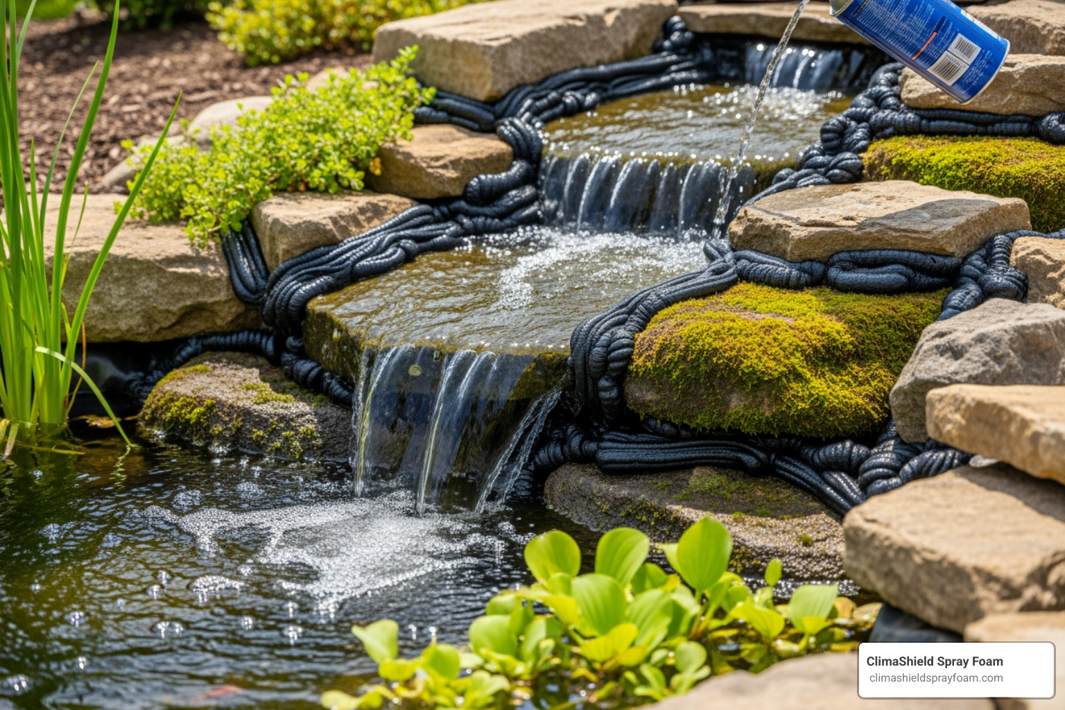 landscaping pond project using black waterproof foam - expandable spray foam waterproof
