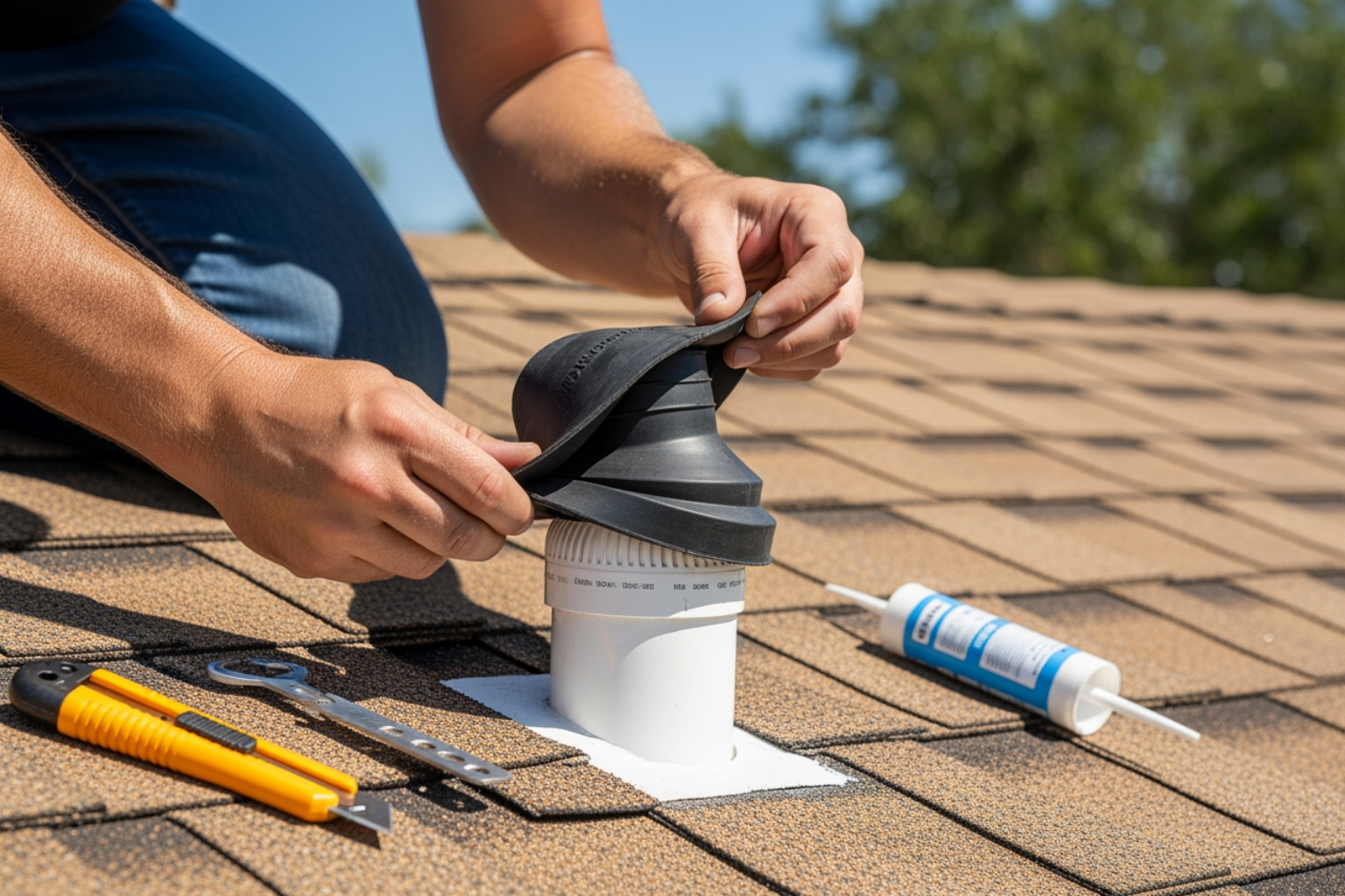 plumbing vent boot repair being performed - repair leaking shingle roof plumbing vent boot repair being performed - repair leaking shingle roof