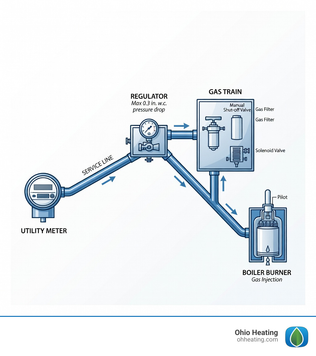 infographic showing path of gas from utility meter through service line, regulator, gas train, and into boiler burner