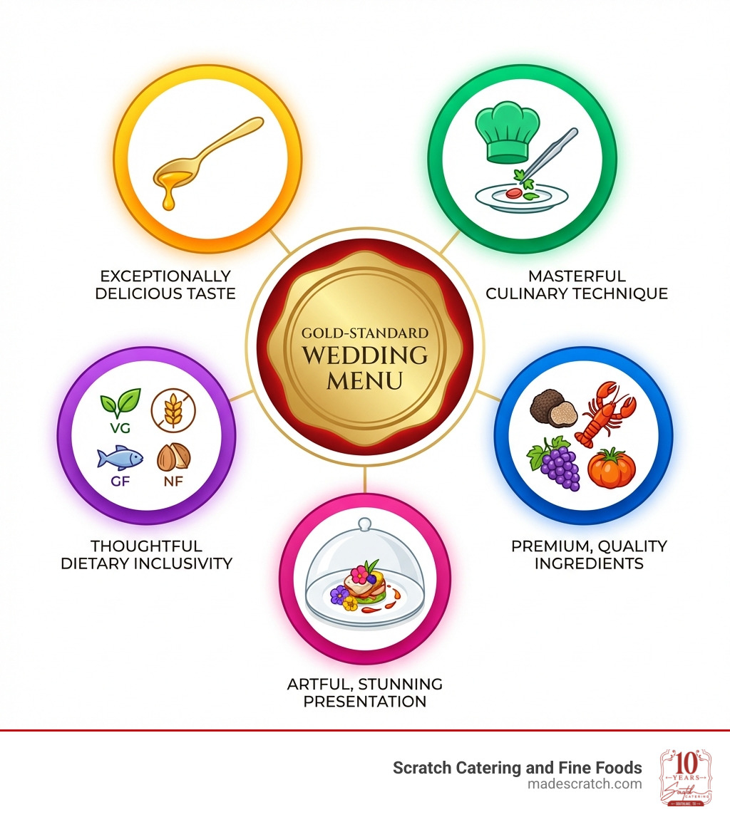Infographic showing elements of a gold-standard wedding menu: taste, technique, premium ingredients, dietary inclusivity Infographic showing elements of a gold-standard wedding menu: taste, technique, premium ingredients, dietary inclusivity