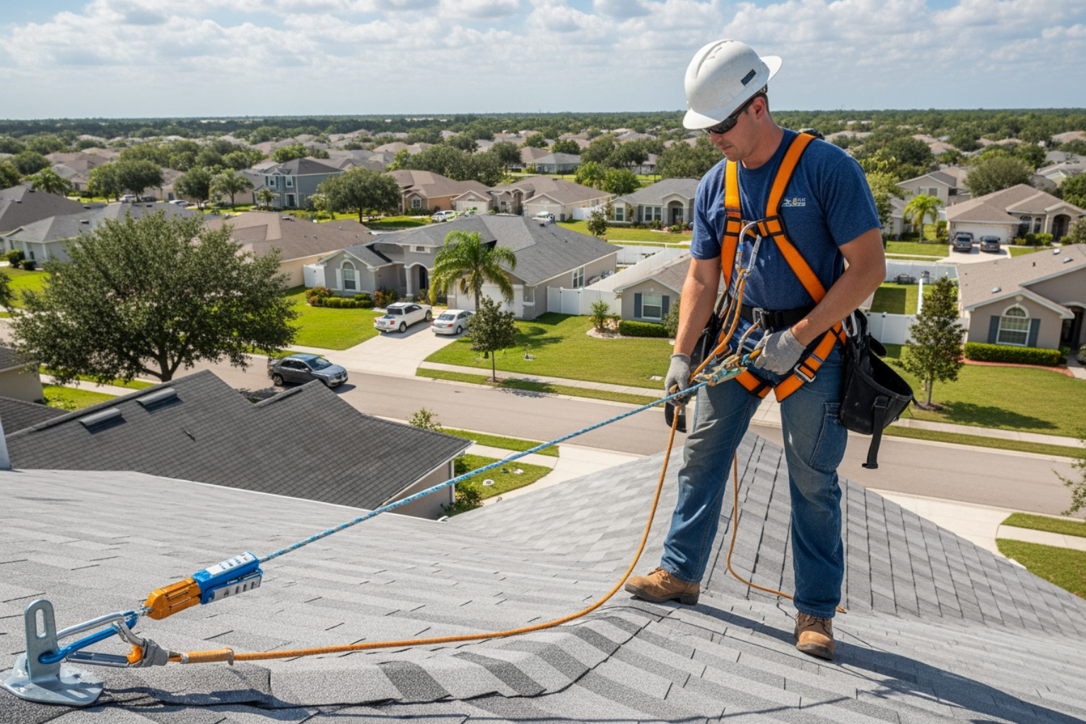 Roofer wearing a full-body safety harness and PFAS system - Roofers Roofer wearing a full-body safety harness and PFAS system - Roofers