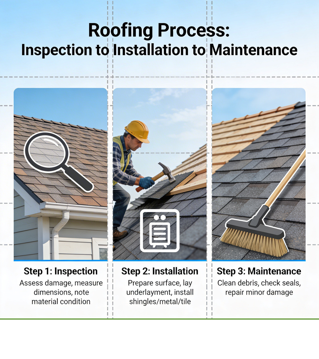 Infographic showing roofing process steps from inspection to installation to maintenance - Roofers infographic Infographic showing roofing process steps from inspection to installation to maintenance - Roofers infographic