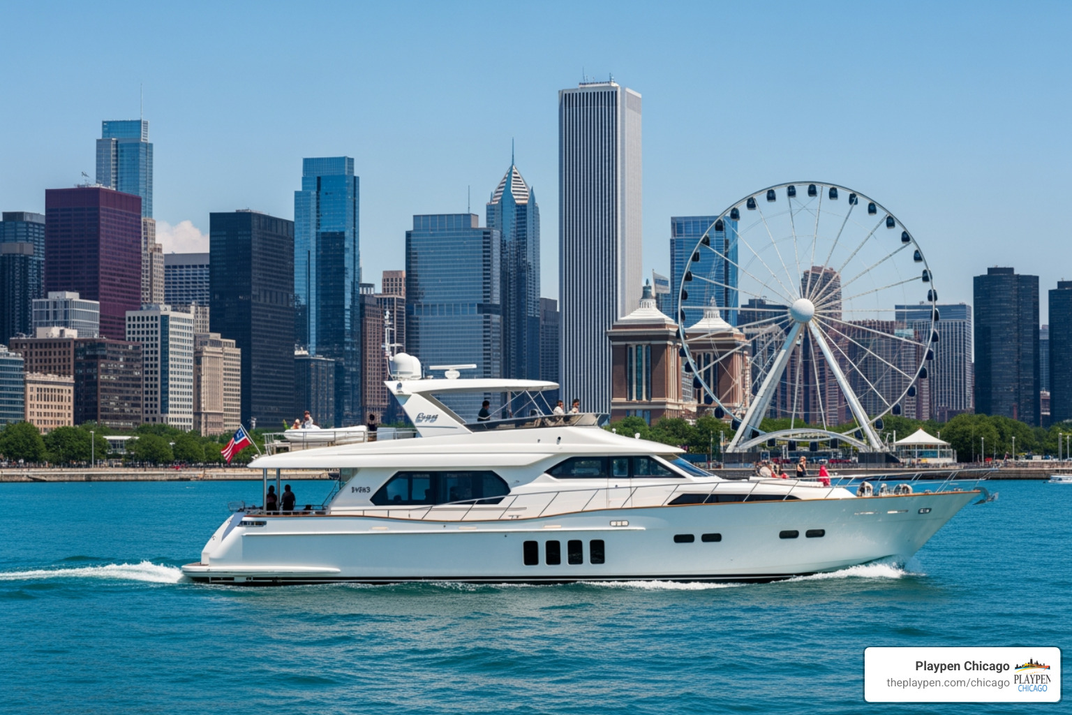 Luxury yacht cruising past the Navy Pier Ferris wheel - navy pier boat rentals Luxury yacht cruising past the Navy Pier Ferris wheel - navy pier boat rentals