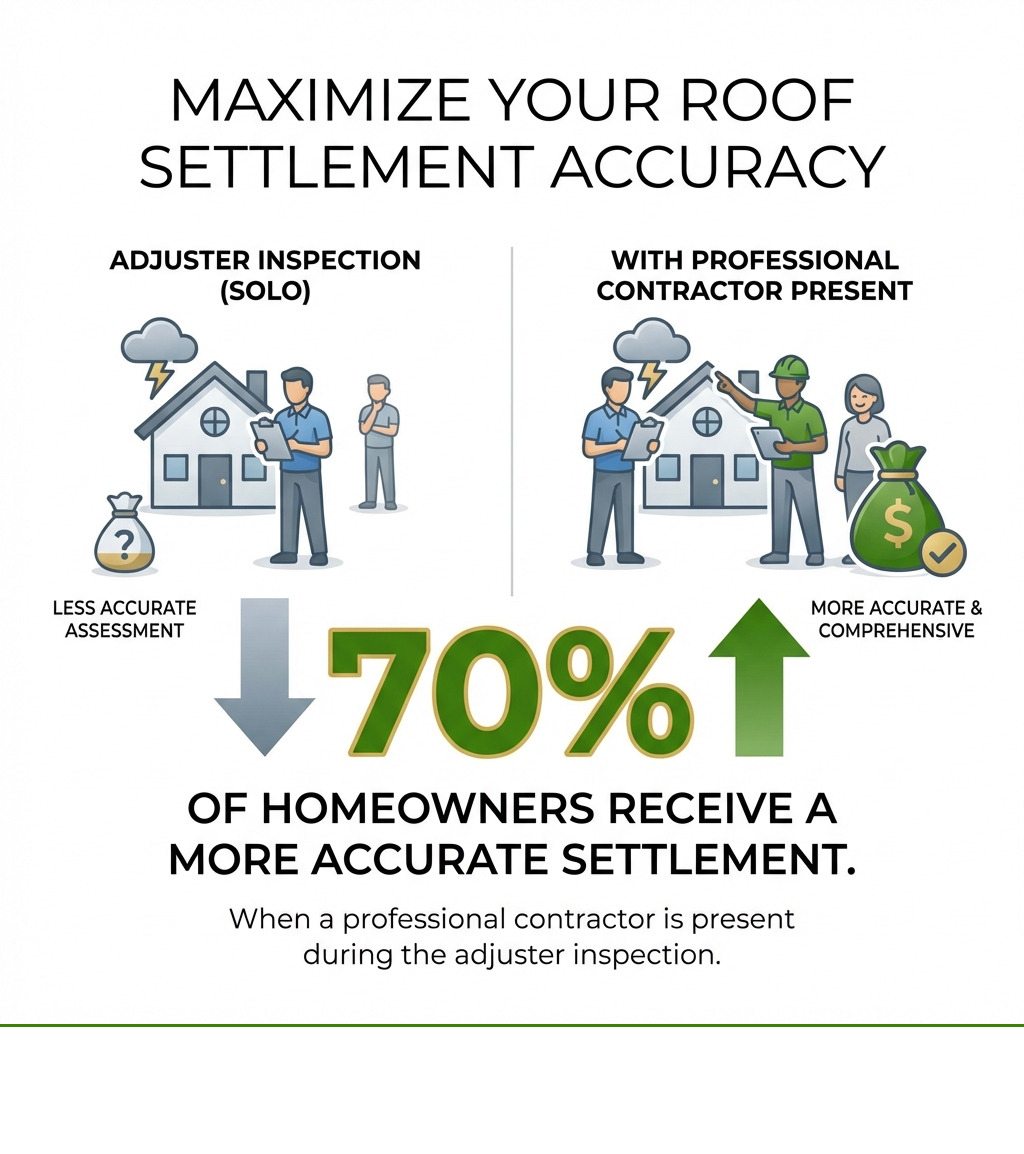 Stat: 70% of homeowners who have a professional contractor present during an adjuster inspection receive a more accurate