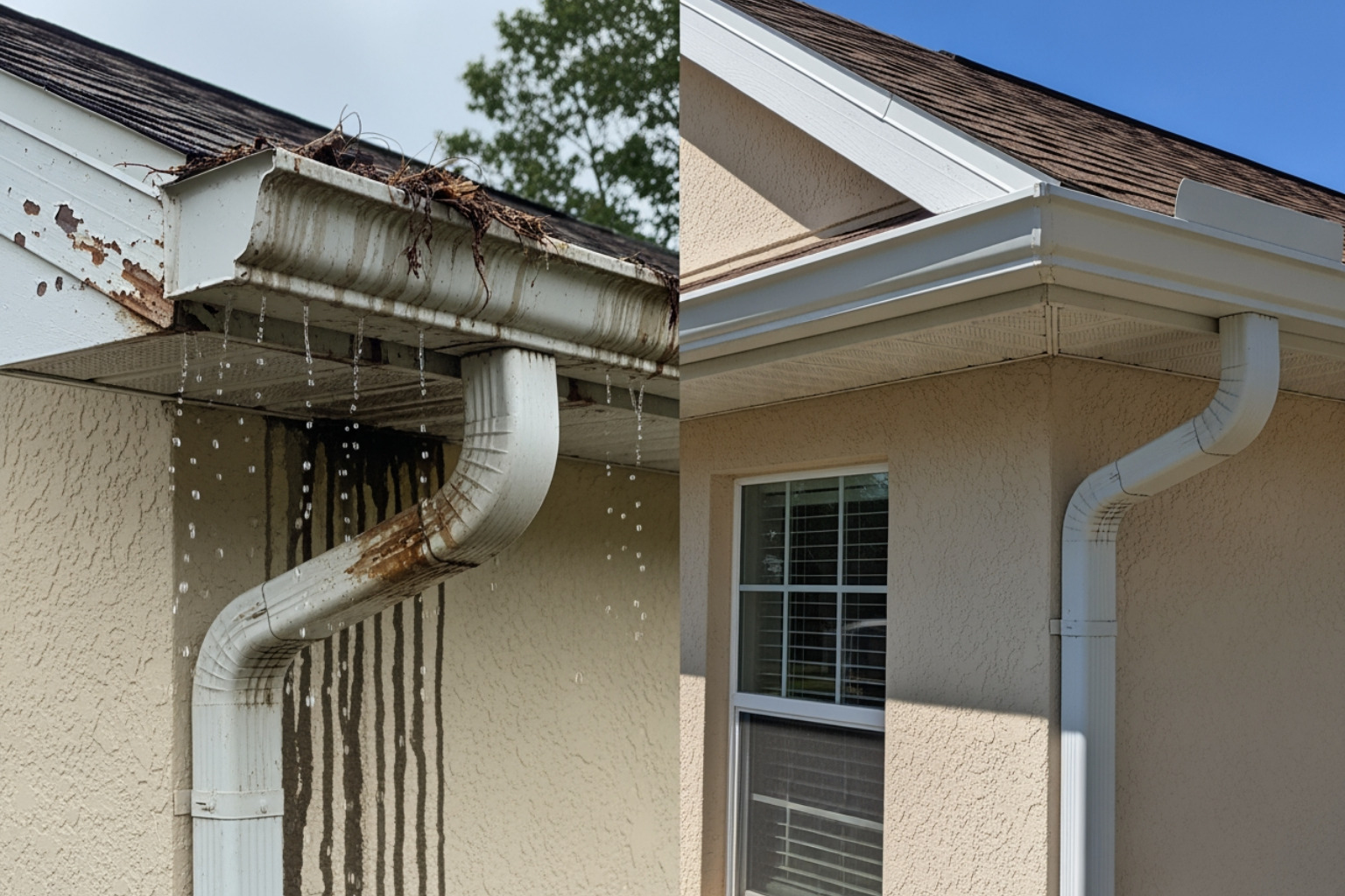 Sagging, rusted gutters compared to clean, new gutters - rain gutter installation service