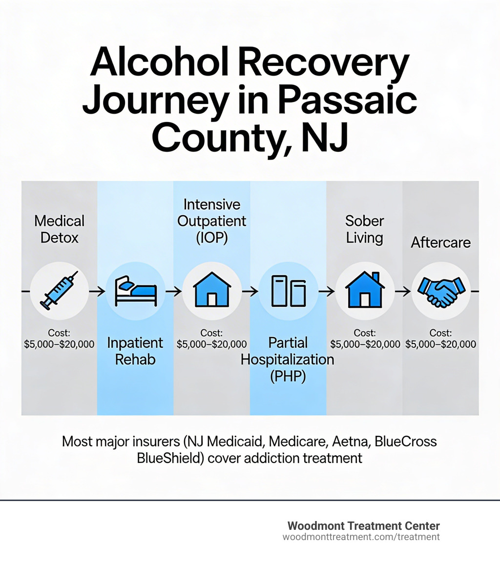 Infographic showing stages of alcohol recovery journey in Passaic County NJ with treatment types and costs - Alcohol Rehab Infographic showing stages of alcohol recovery journey in Passaic County NJ with treatment types and costs - Alcohol Rehab