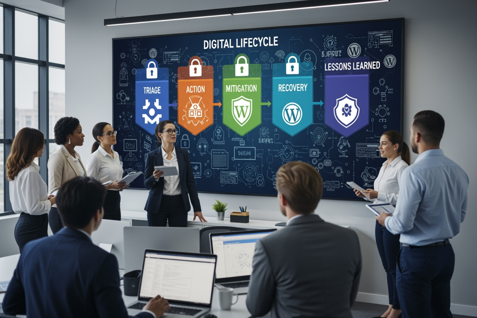 The WordPress incident response lifecycle showing triage, action, mitigation, recovery, and lessons learned - WordPress The WordPress incident response lifecycle showing triage, action, mitigation, recovery, and lessons learned - WordPress