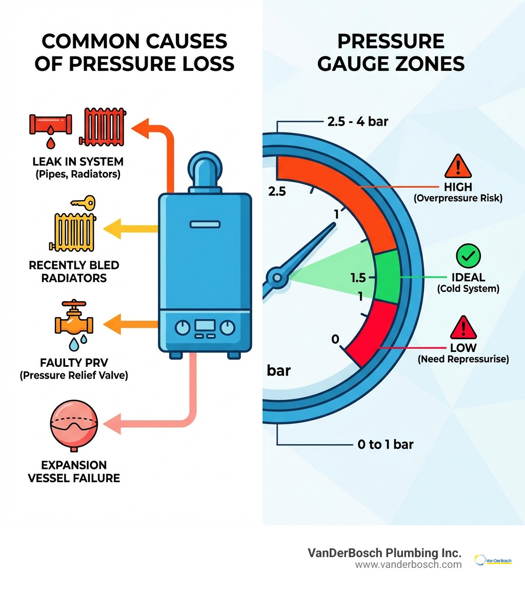 infographic showing common causes of boiler pressure loss and pressure gauge zones - Boiler losing pressure infographic infographic showing common causes of boiler pressure loss and pressure gauge zones - Boiler losing pressure infographic