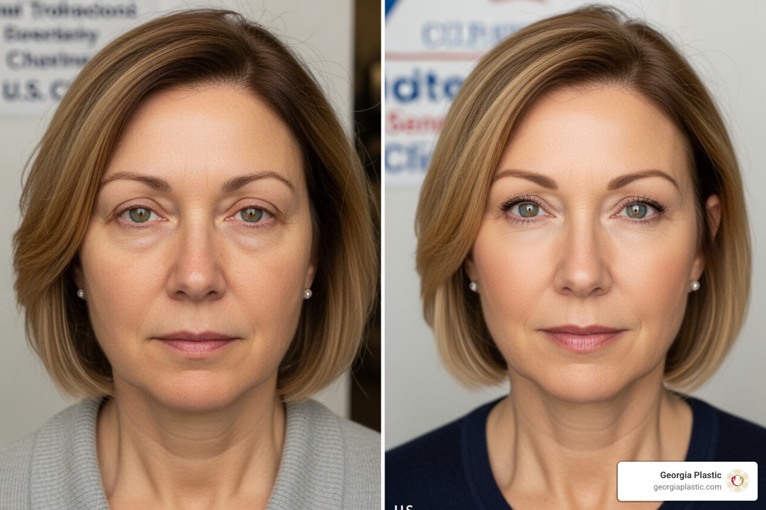 Before and after representation of eyelid surgery results showing a refreshed, alert appearance - facial plastic surgery Before and after representation of eyelid surgery results showing a refreshed, alert appearance - facial plastic surgery