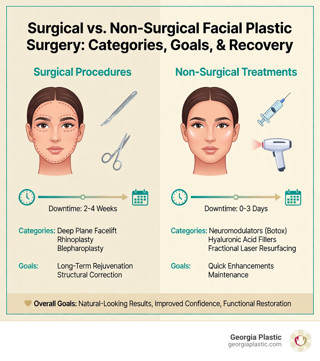 Overview infographic: surgical vs non-surgical facial plastic surgery categories, goals, and recovery - facial plastic Overview infographic: surgical vs non-surgical facial plastic surgery categories, goals, and recovery - facial plastic