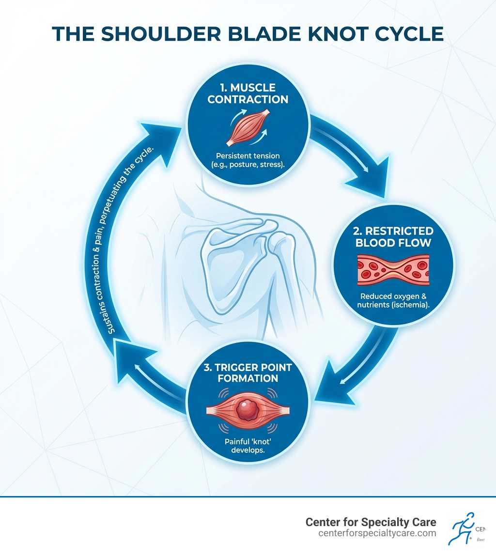 Infographic showing the cycle of muscle contraction, restricted blood flow, and trigger point formation in shoulder blade
