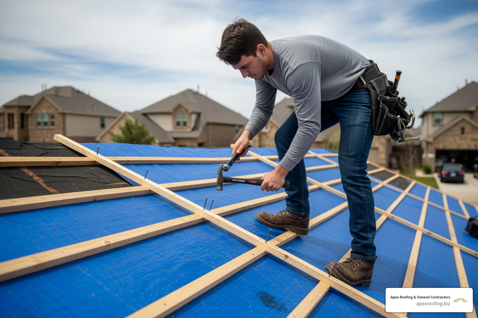 technician securing a heavy-duty tarp with wooden battens - roof tarping Leon Valley