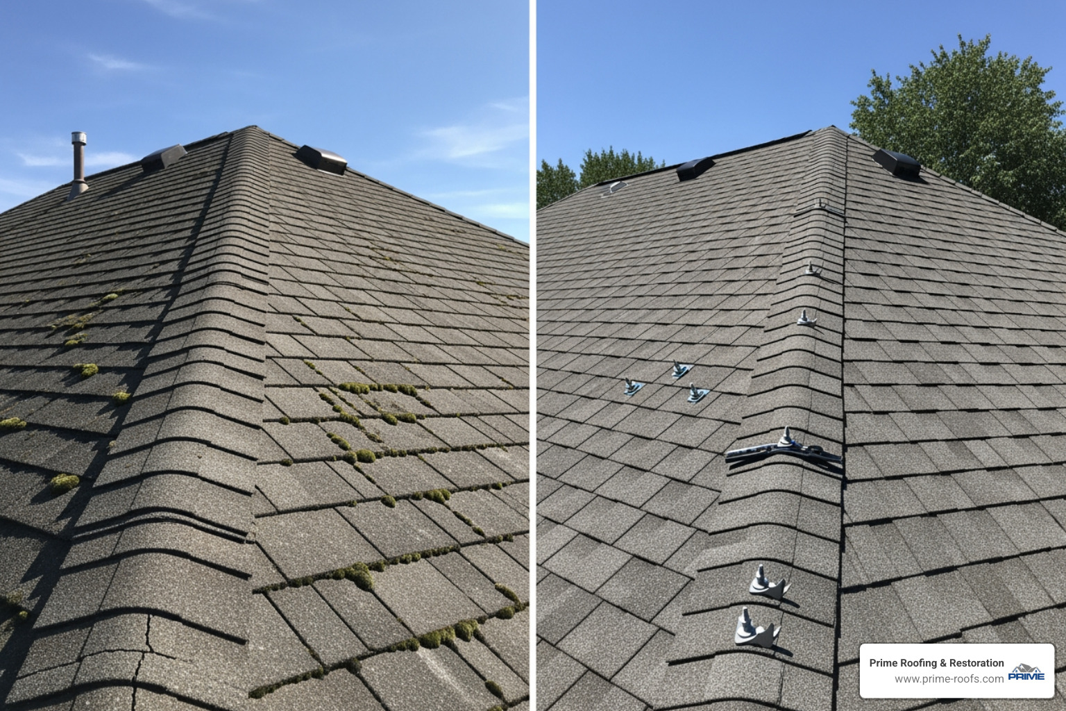 Comparison between a cracked, mossy mortar ridge and a clean, modern dry ridge system - dry ridge system installation cost Comparison between a cracked, mossy mortar ridge and a clean, modern dry ridge system - dry ridge system installation cost