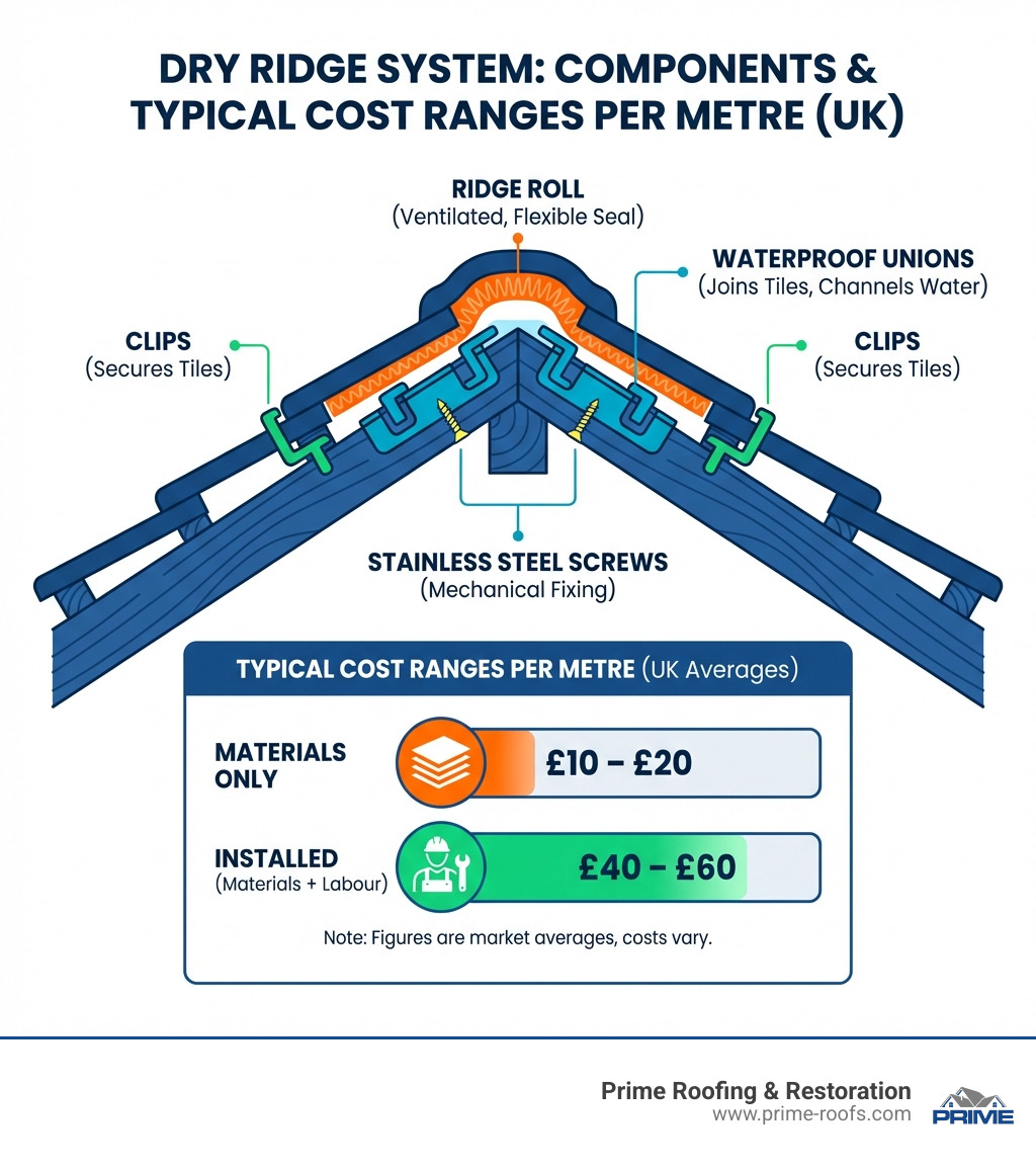 Infographic showing dry ridge system components: ridge roll, stainless steel screws, waterproof unions, clips, and typical Infographic showing dry ridge system components: ridge roll, stainless steel screws, waterproof unions, clips, and typical