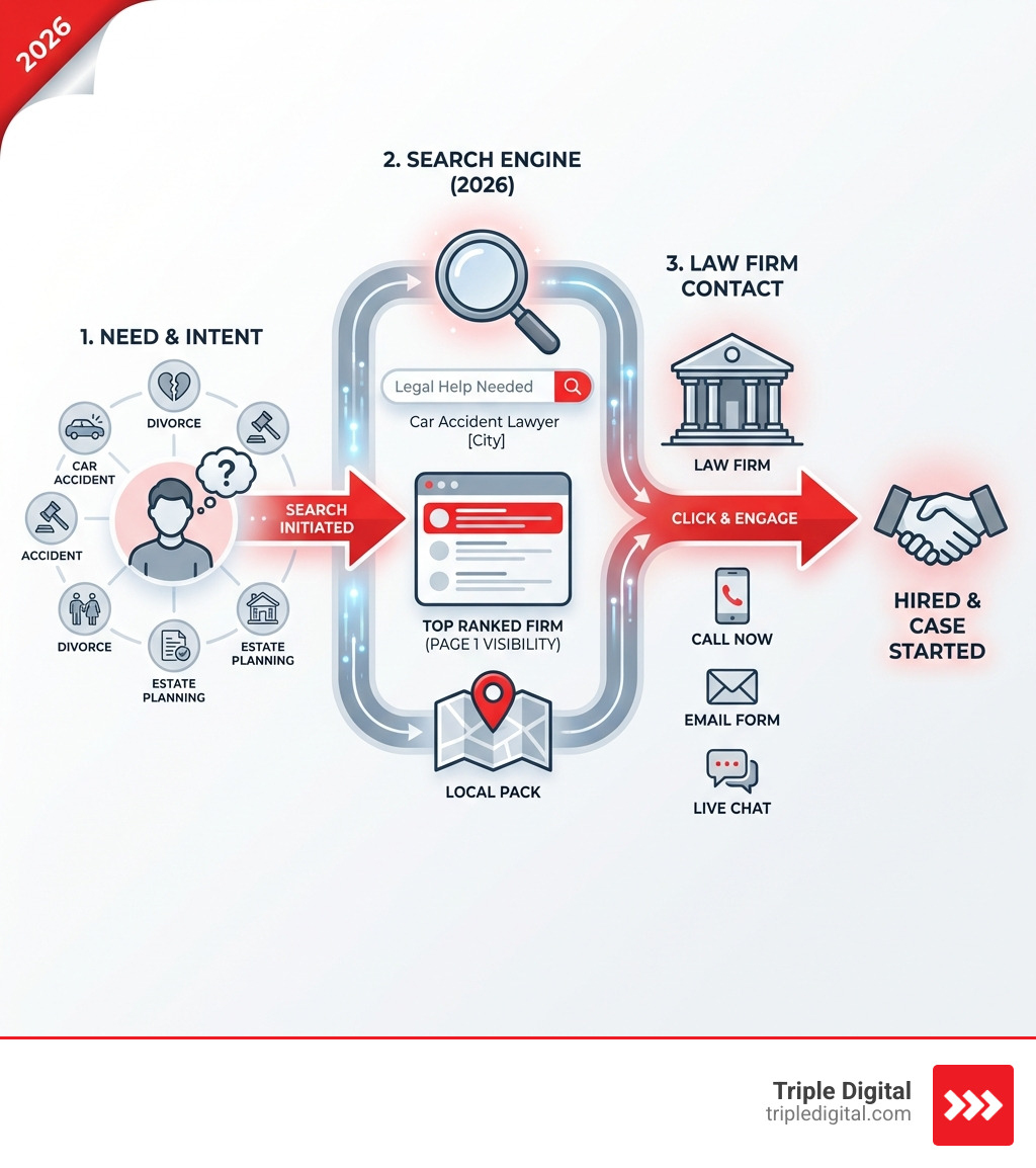 Infographic showing the legal client search journey from need to search engine to law firm contact - legal SEO services Infographic showing the legal client search journey from need to search engine to law firm contact - legal SEO services