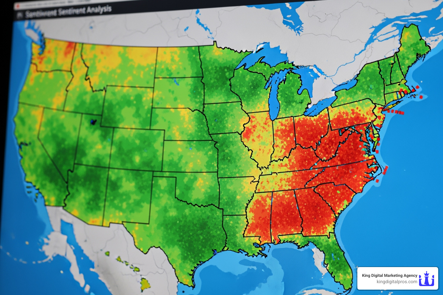 Sentiment Analysis Heat Map Showing Geographical Areas Of High Positive And Negative Mentions - Brand Reputation Monitoring