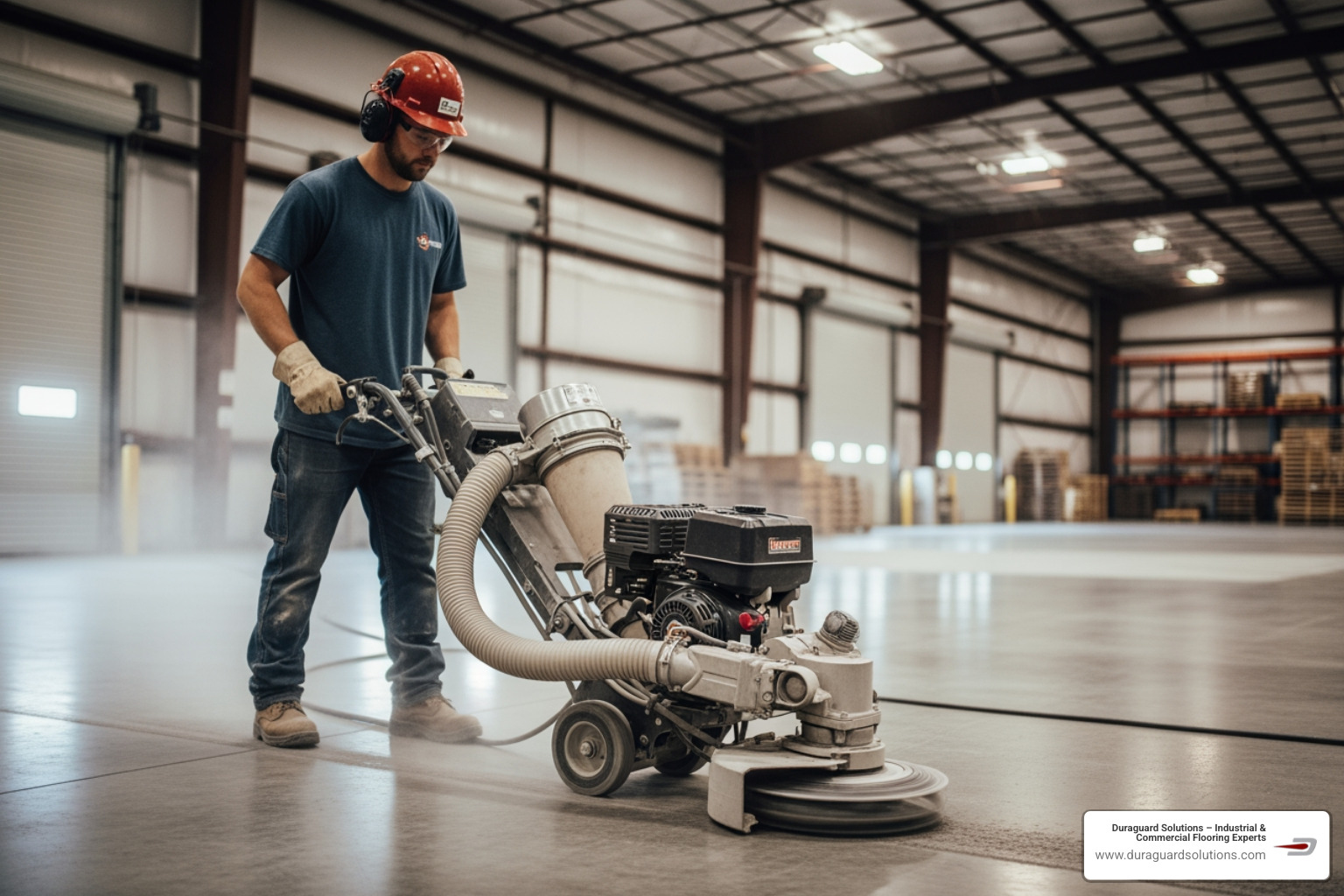 Professional technician operating a walk-behind planetary grinder - concrete grinding and polishing Professional technician operating a walk-behind planetary grinder - concrete grinding and polishing