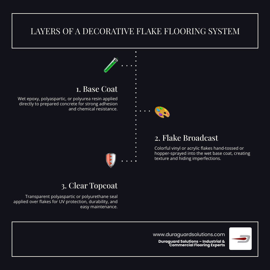 Layers of a decorative flake flooring system showing base coat, flake broadcast, and clear topcoat - decorative flakes for