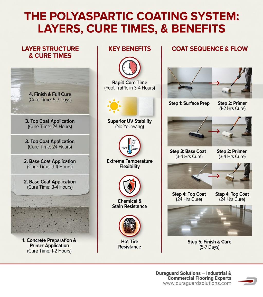 Infographic showing multi-layer polyaspartic coating system with cure times, benefits, and coat sequence - polyaspartic Infographic showing multi-layer polyaspartic coating system with cure times, benefits, and coat sequence - polyaspartic