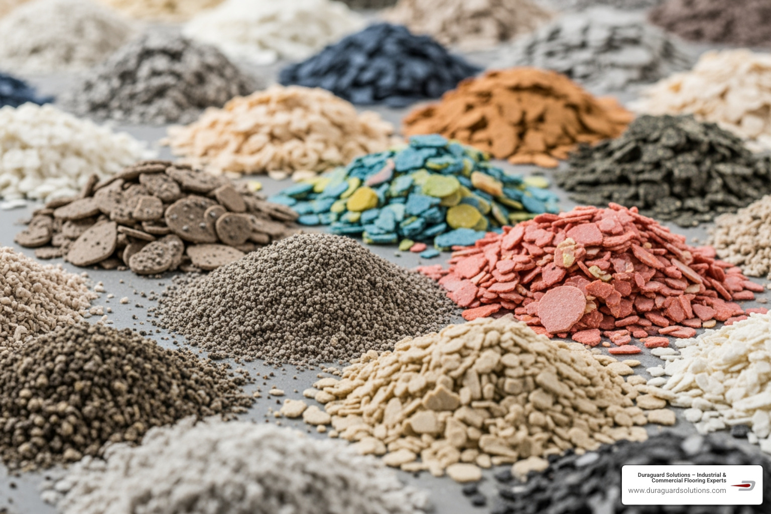 various flake color blends and textures - decorative flakes for concrete