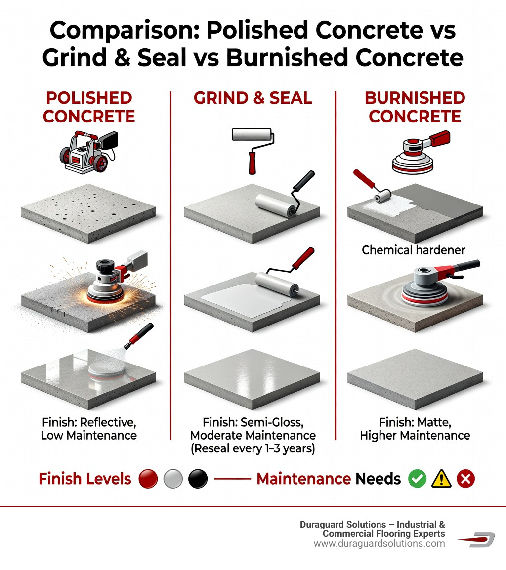 Comparison infographic: polished concrete vs grind and seal vs burnished concrete — process steps, finish levels, and Comparison infographic: polished concrete vs grind and seal vs burnished concrete — process steps, finish levels, and