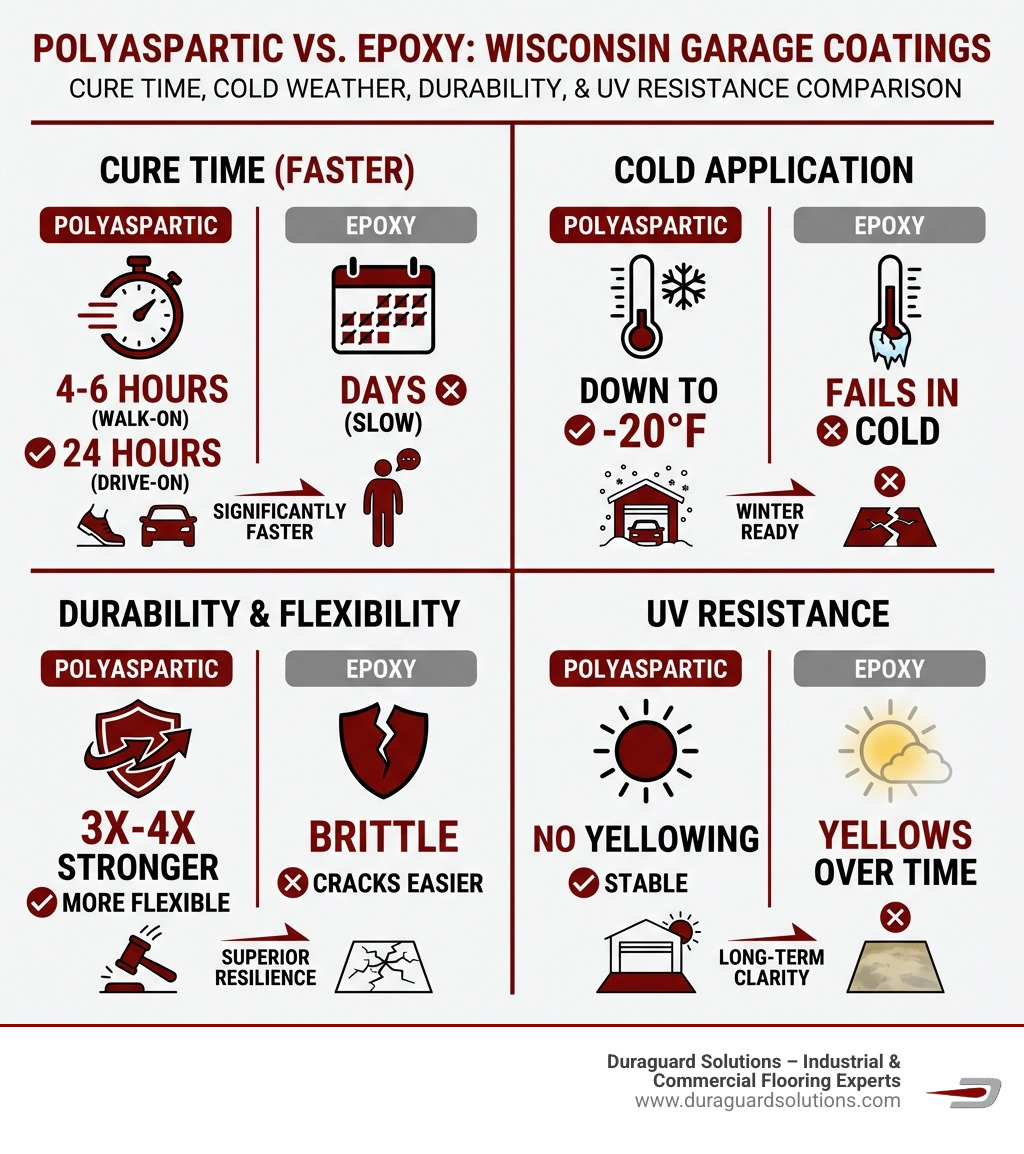 Infographic comparing polyaspartic vs epoxy coating benefits for Wisconsin garages: cure time, cold weather application