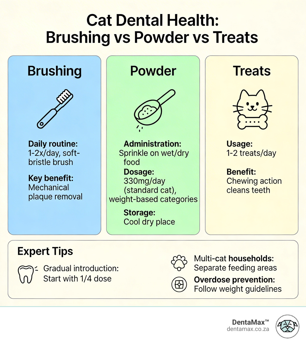 infographic comparing brushing vs powder vs treats for cat dental health - cat plaque control natural infographic 