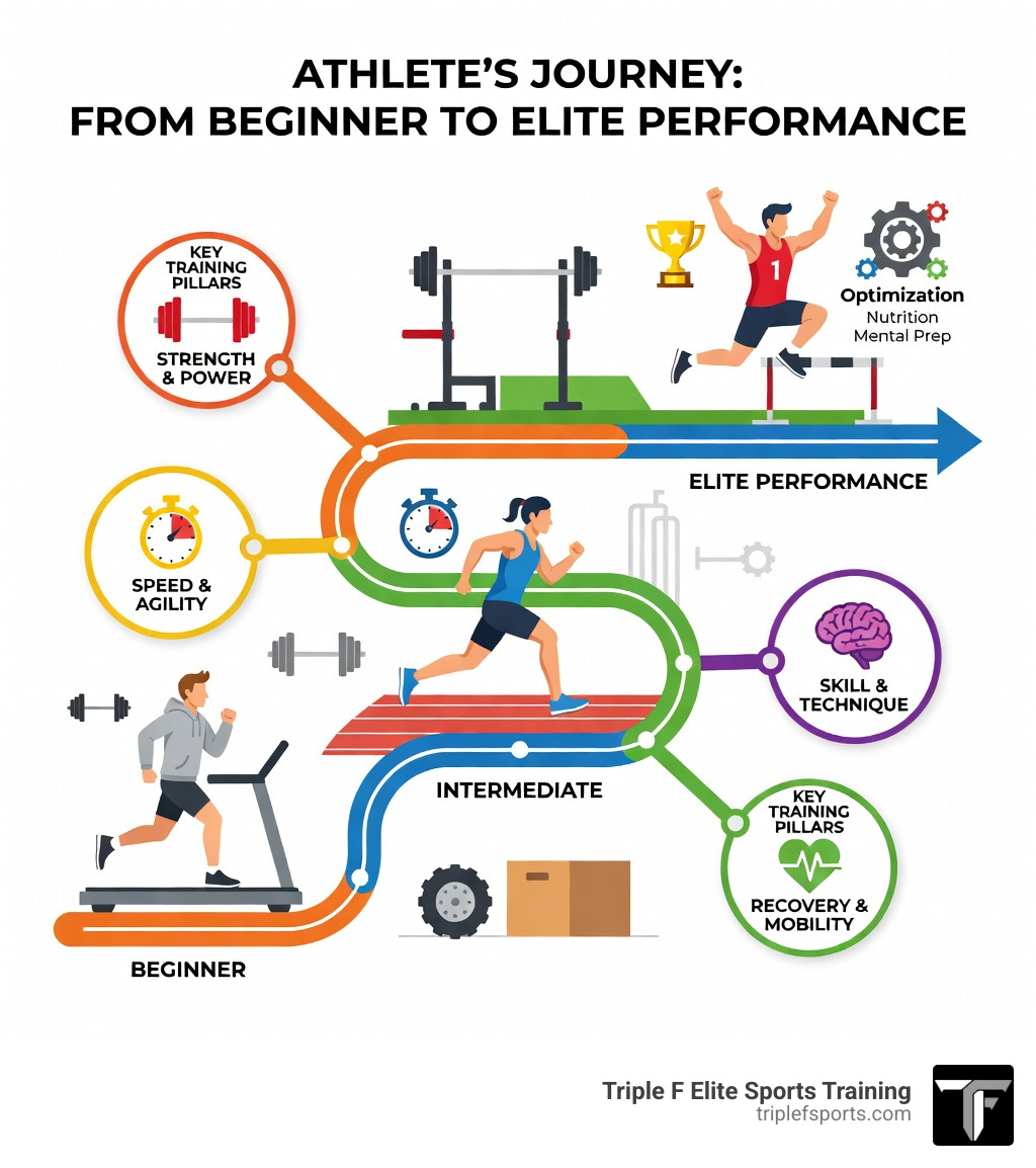 Athlete's journey from beginner to elite performance, key training pillars and gym features - athletes gym infographic Athlete's journey from beginner to elite performance, key training pillars and gym features - athletes gym infographic
