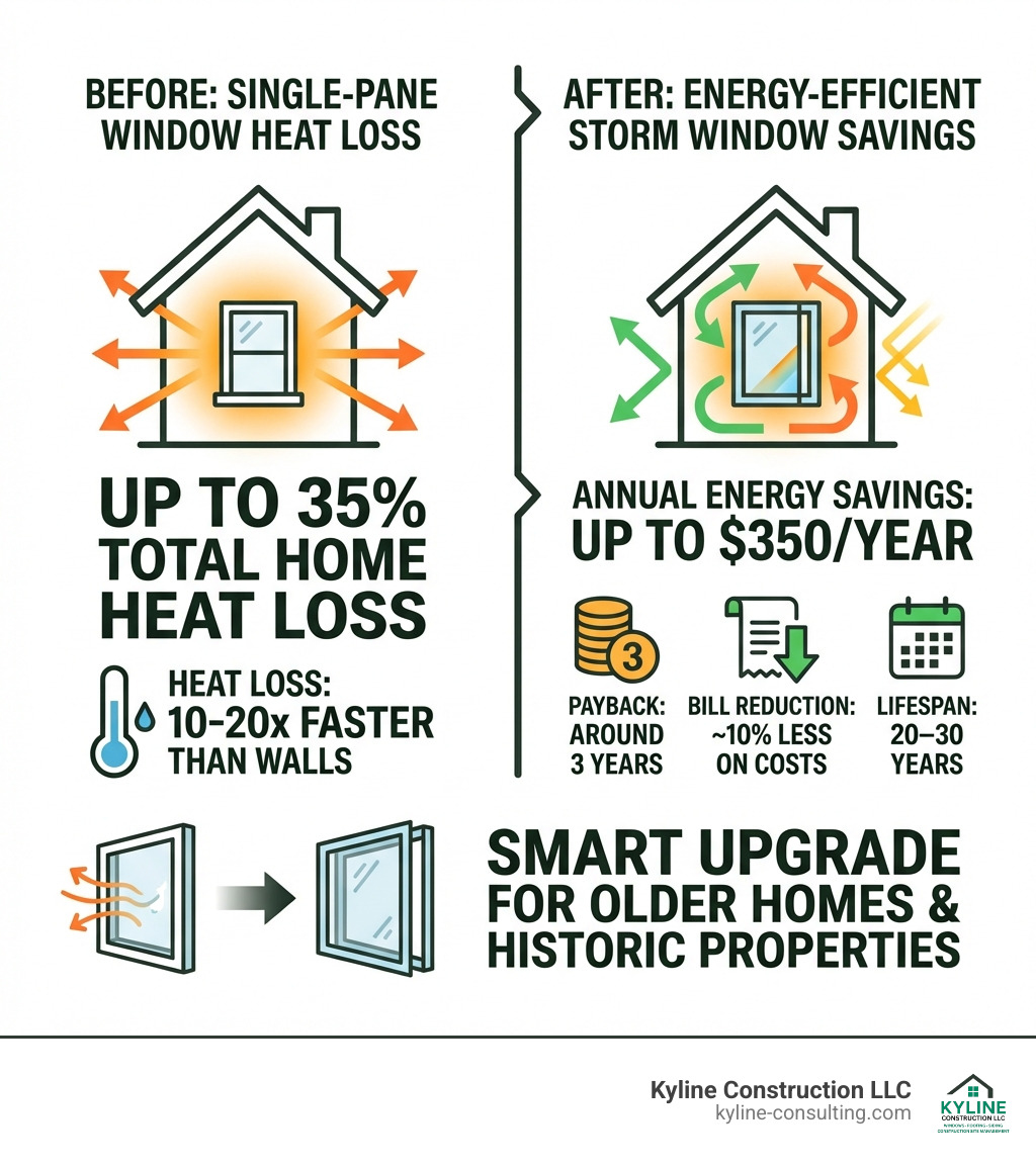 Infographic showing home heat loss through windows and energy savings from storm windows - energy efficient storm windows Infographic showing home heat loss through windows and energy savings from storm windows - energy efficient storm windows