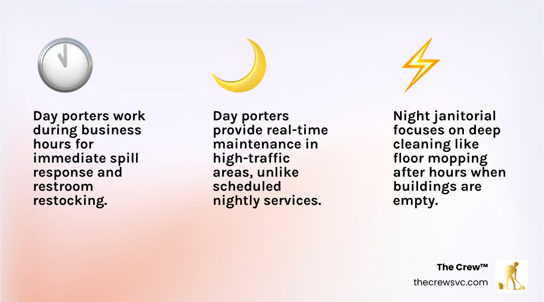 Infographic comparing day porter vs. night janitorial services tasks, hours, and benefits - day porter aurora co infographic