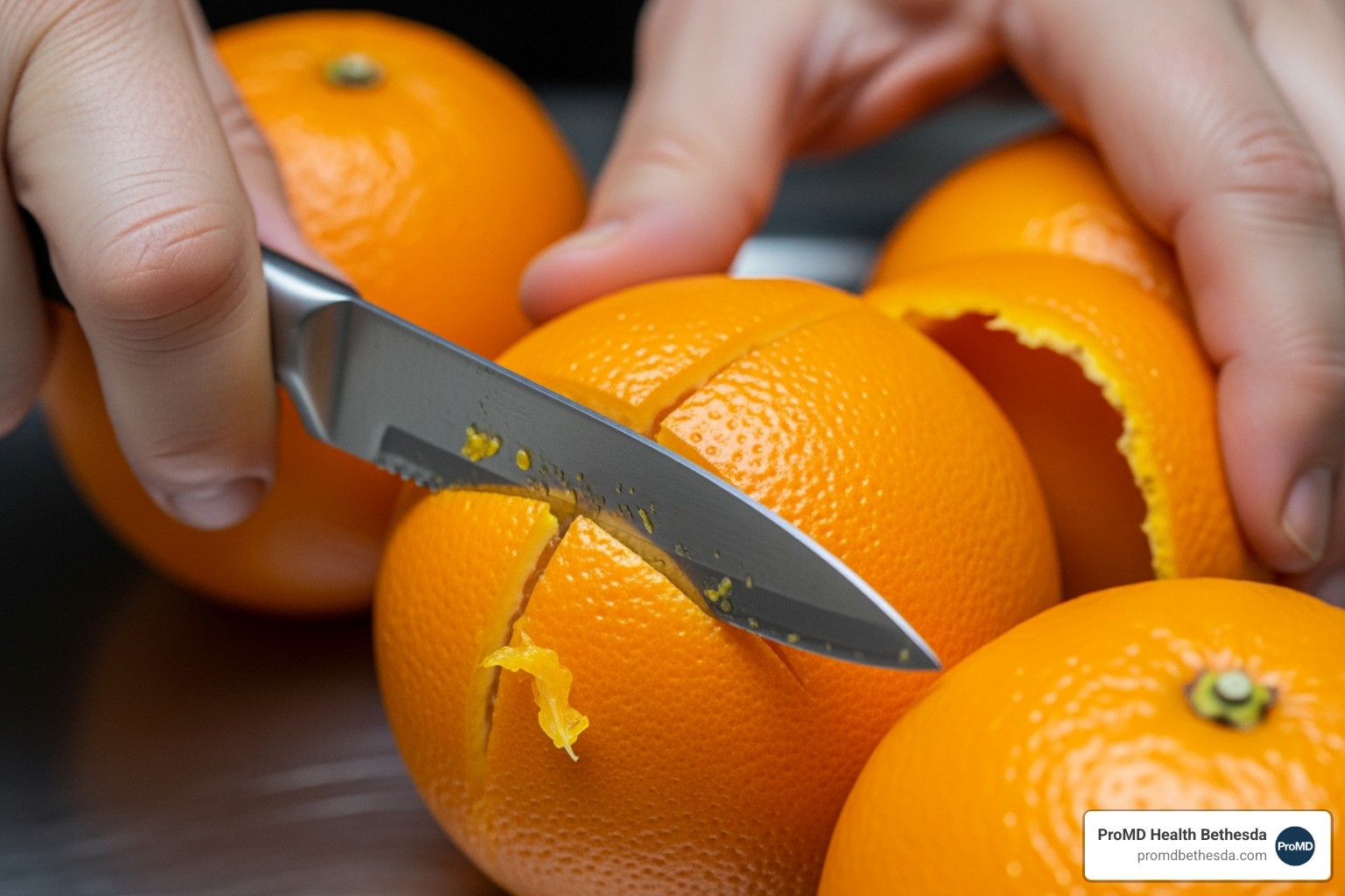 fresh navel oranges being scored with a paring knife - how to candy orange peels fresh navel oranges being scored with a paring knife - how to candy orange peels