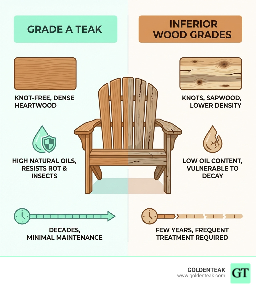Infographic comparing Grade A teak vs inferior wood grades for Adirondack benches - grade a adirondack bench infographic Infographic comparing Grade A teak vs inferior wood grades for Adirondack benches - grade a adirondack bench infographic