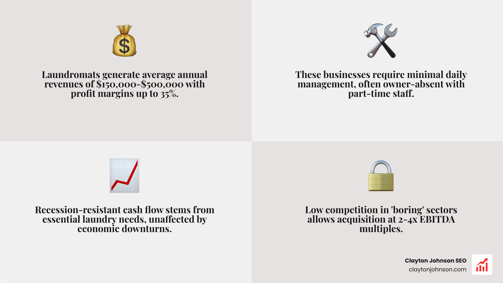 A clean, well-lit modern laundromat representing a stable, cash-flowing boring business - Codie Sanchez acquisition A clean, well-lit modern laundromat representing a stable, cash-flowing boring business - Codie Sanchez acquisition