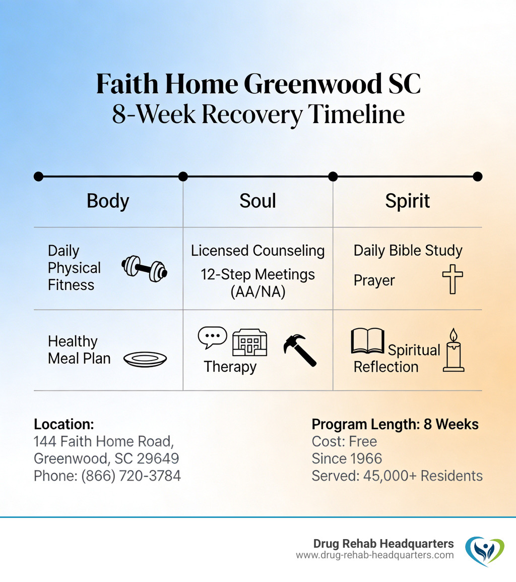 Infographic of Faith Home Greenwood SC 8-week recovery timeline showing daily structure body soul spirit approach - Faith
