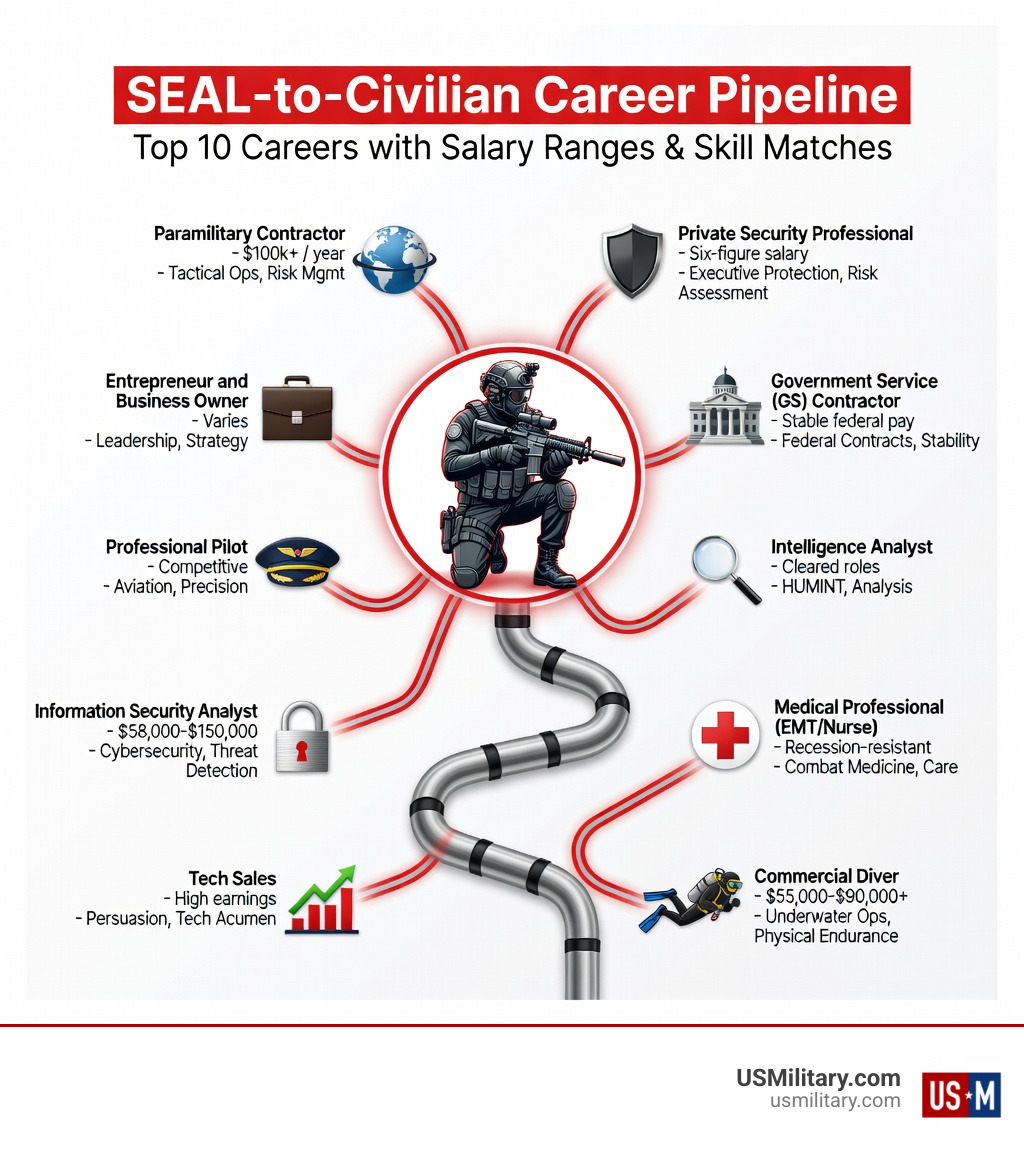 Infographic showing the SEAL-to-Civilian career pipeline with top 10 careers, salary ranges, and skill matches - top 10 Infographic showing the SEAL-to-Civilian career pipeline with top 10 careers, salary ranges, and skill matches - top 10