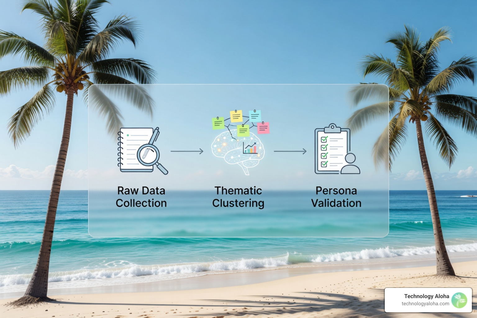 Graphic of a persona research workflow showing the transition from raw data collection to thematic clustering and final persona validation - target persona example