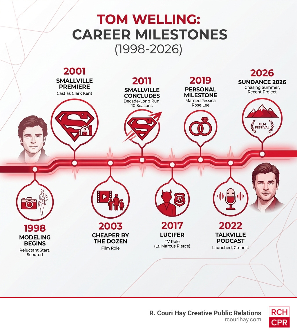 Tom Welling career timeline from modeling 1998 to Sundance 2026 with key milestones - tom welling infographic Tom Welling career timeline from modeling 1998 to Sundance 2026 with key milestones - tom welling infographic