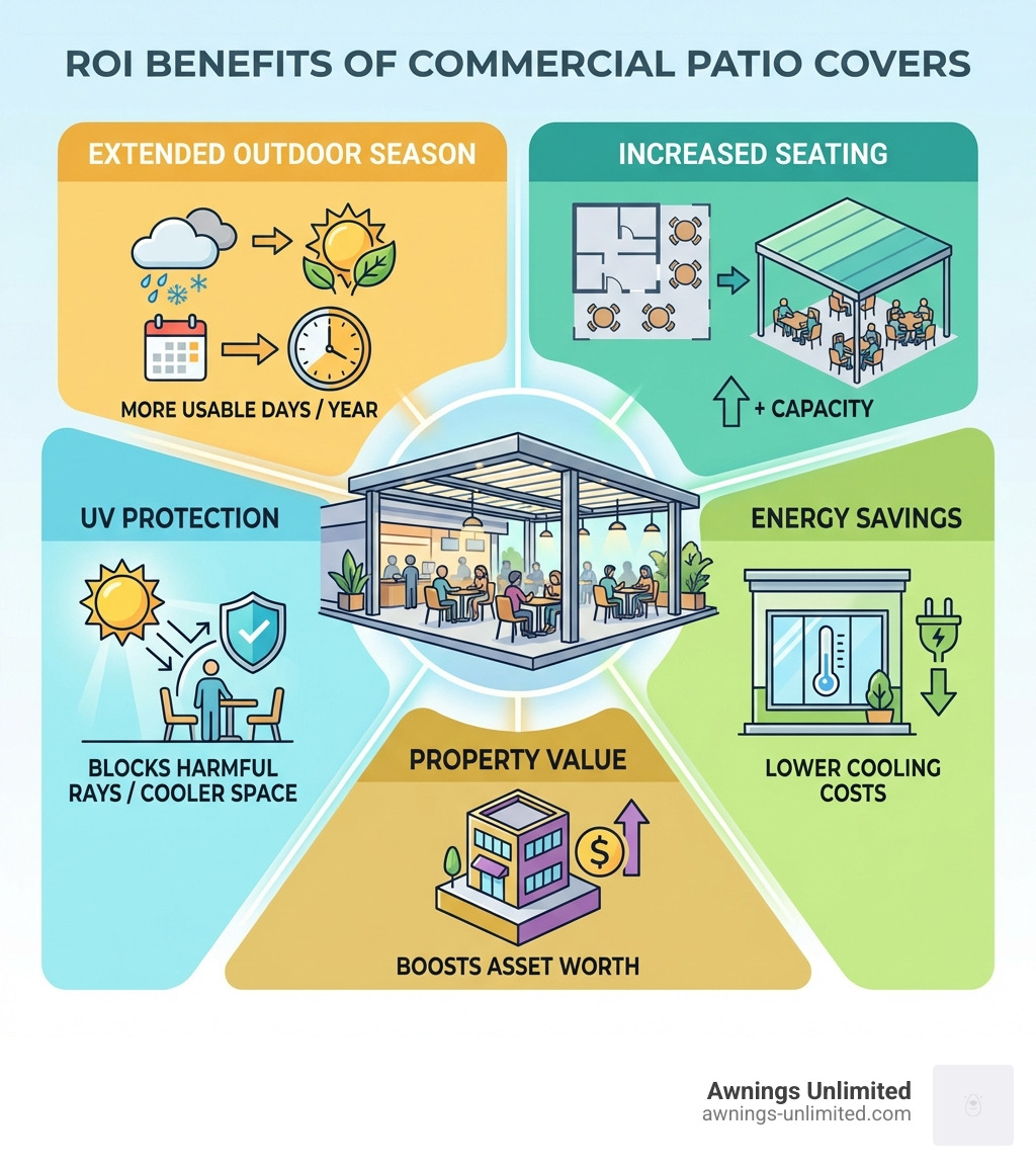 Infographic showing ROI benefits of commercial patio covers: extended outdoor season, increased seating, UV protection Infographic showing ROI benefits of commercial patio covers: extended outdoor season, increased seating, UV protection