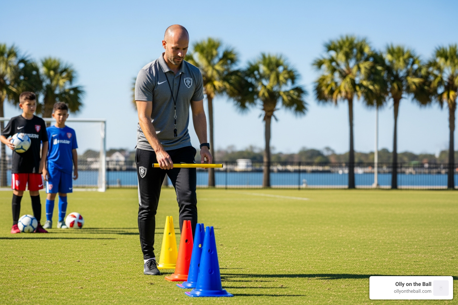 Olly Sovenyhazy setting up a positional rondo at a Charleston soccer field - soccer drills for small spaces Olly Sovenyhazy setting up a positional rondo at a Charleston soccer field - soccer drills for small spaces
