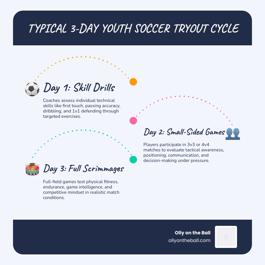 Infographic showing the typical 3-day youth soccer tryout evaluation cycle with key steps - youth soccer club tryouts near