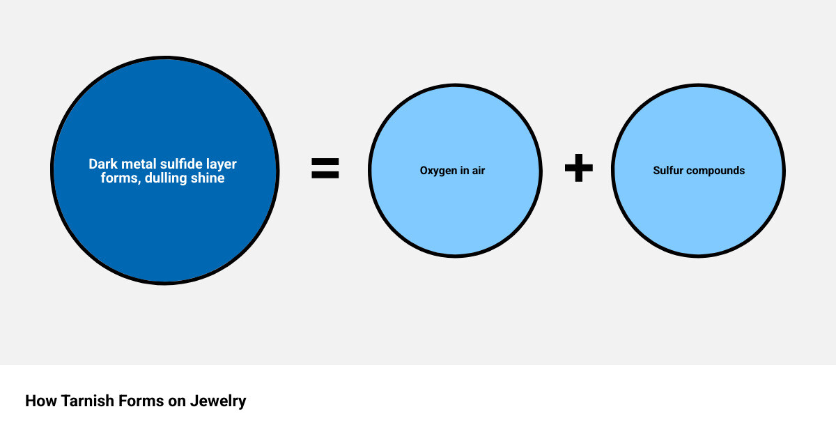 Infographic showing how oxygen and sulfur create tarnish layers on silver, gold, and copper jewelry - Remove tarnish jewelry