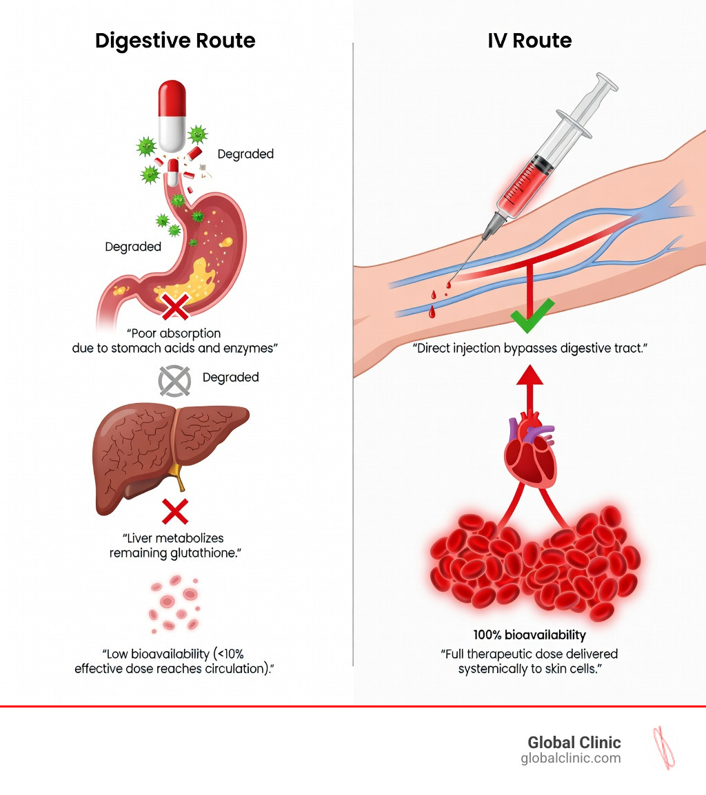 Infographic illustrating the direct pathway of IV infusion into the bloodstream compared to the digestive route
